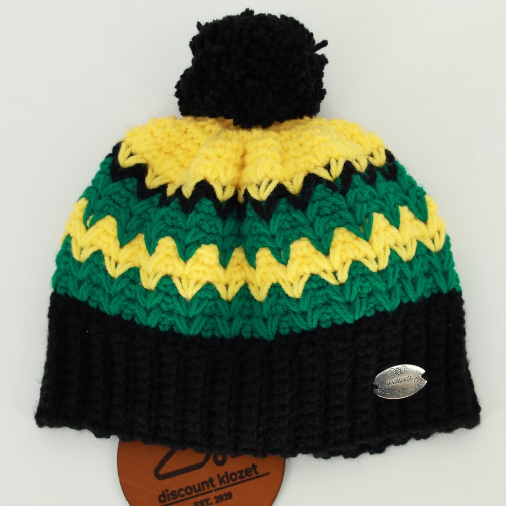 Handmade Rasta Crochet Beanie Black Green Yellow Zigzag Pom Pom Jamaica